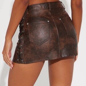 Brown Faux Leather Mini Skirt with Lace-Up Sides